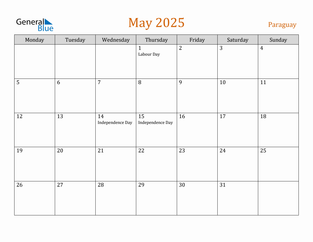 Free May 2025 Paraguay Calendar