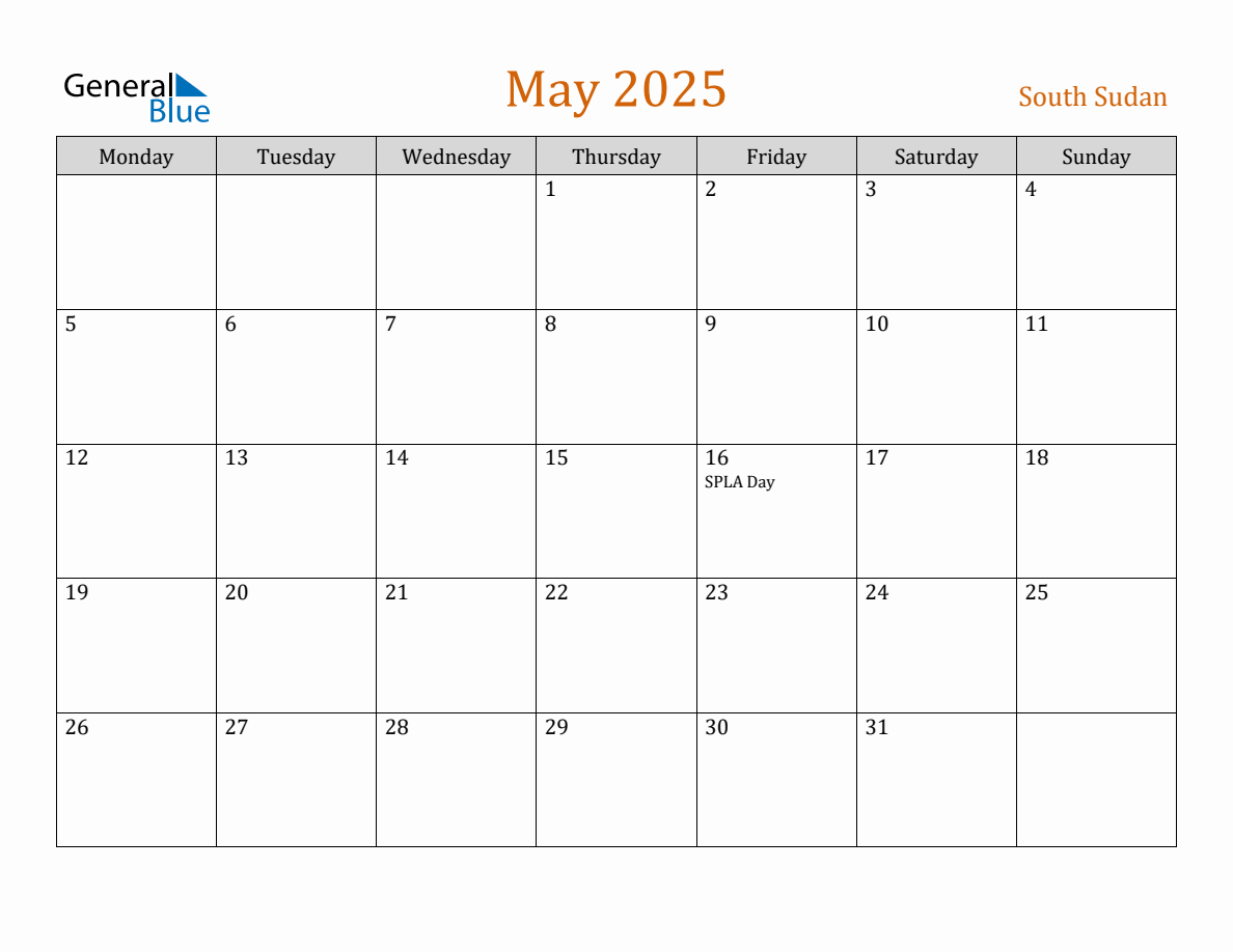 Free May 2025 South Sudan Calendar