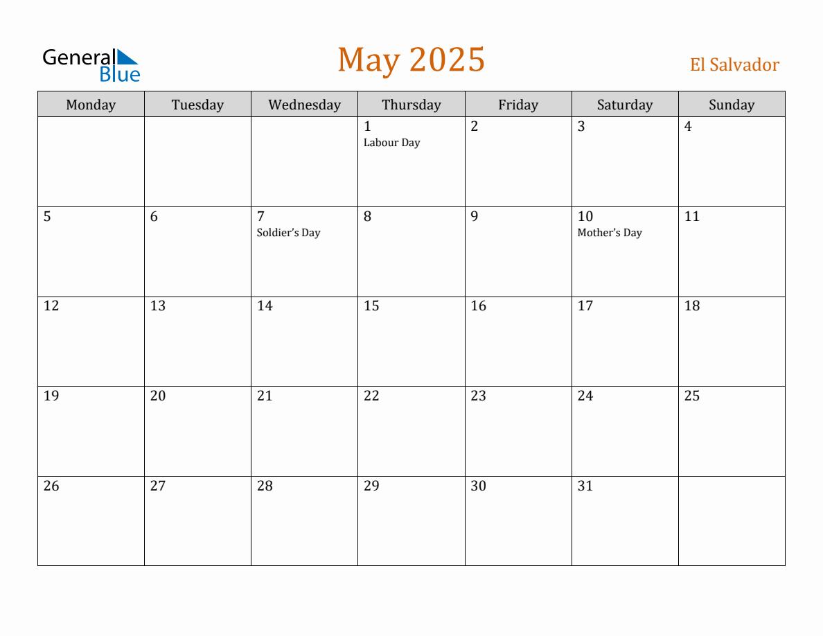 Free May 2025 El Salvador Calendar