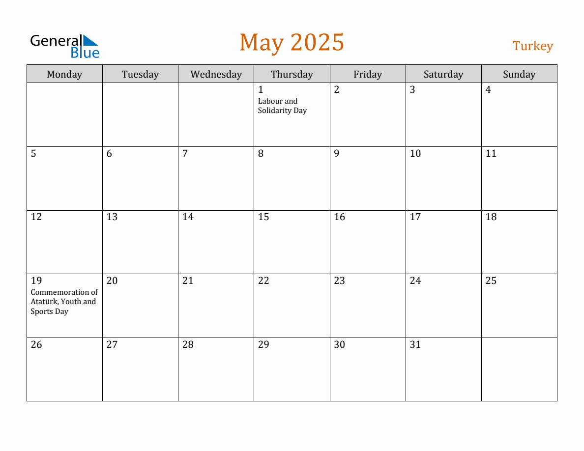 Free May 2025 Turkey Calendar