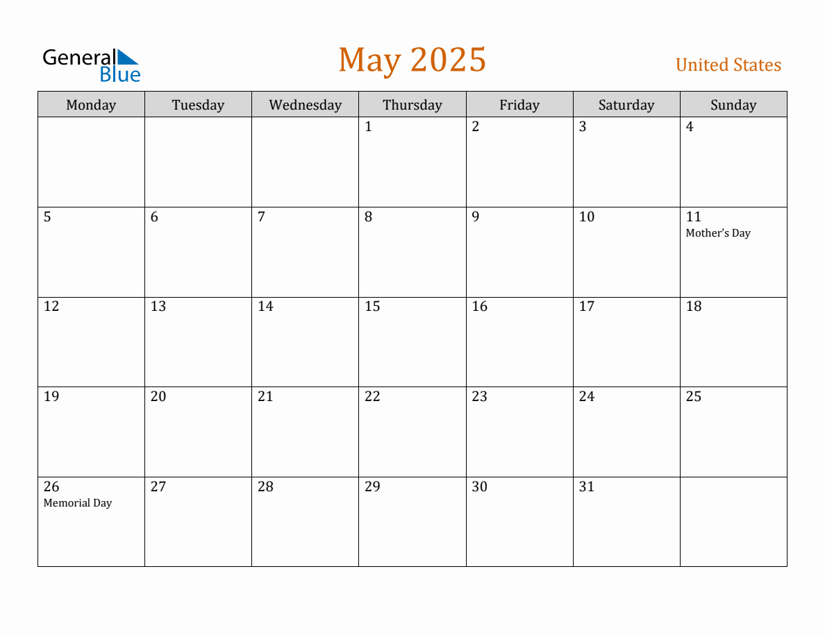 Free May 2025 United States Calendar
