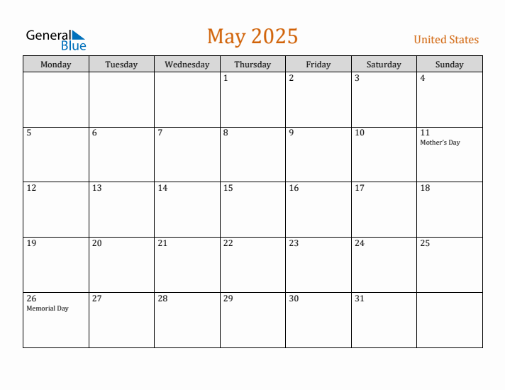 May 2025 United States Monthly Calendar with Holidays