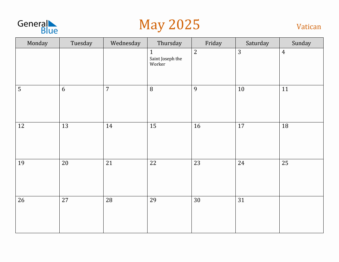 Free May 2025 Vatican Calendar