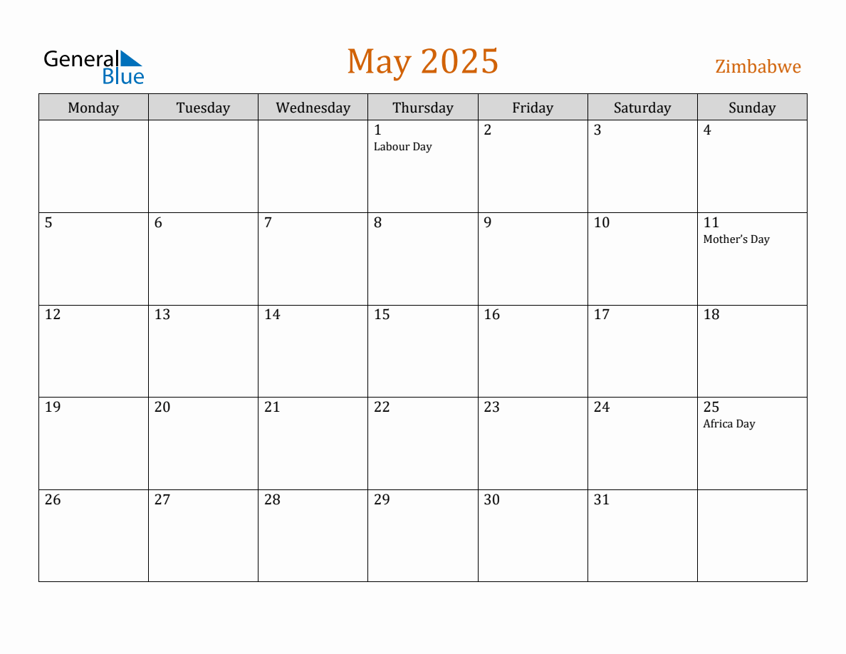 Free May 2025 Zimbabwe Calendar