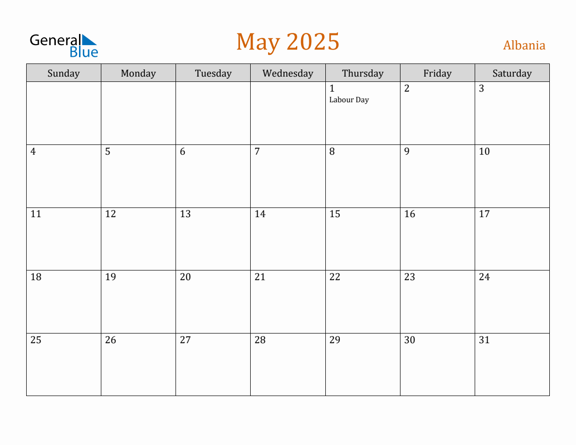 Free May 2025 Albania Calendar