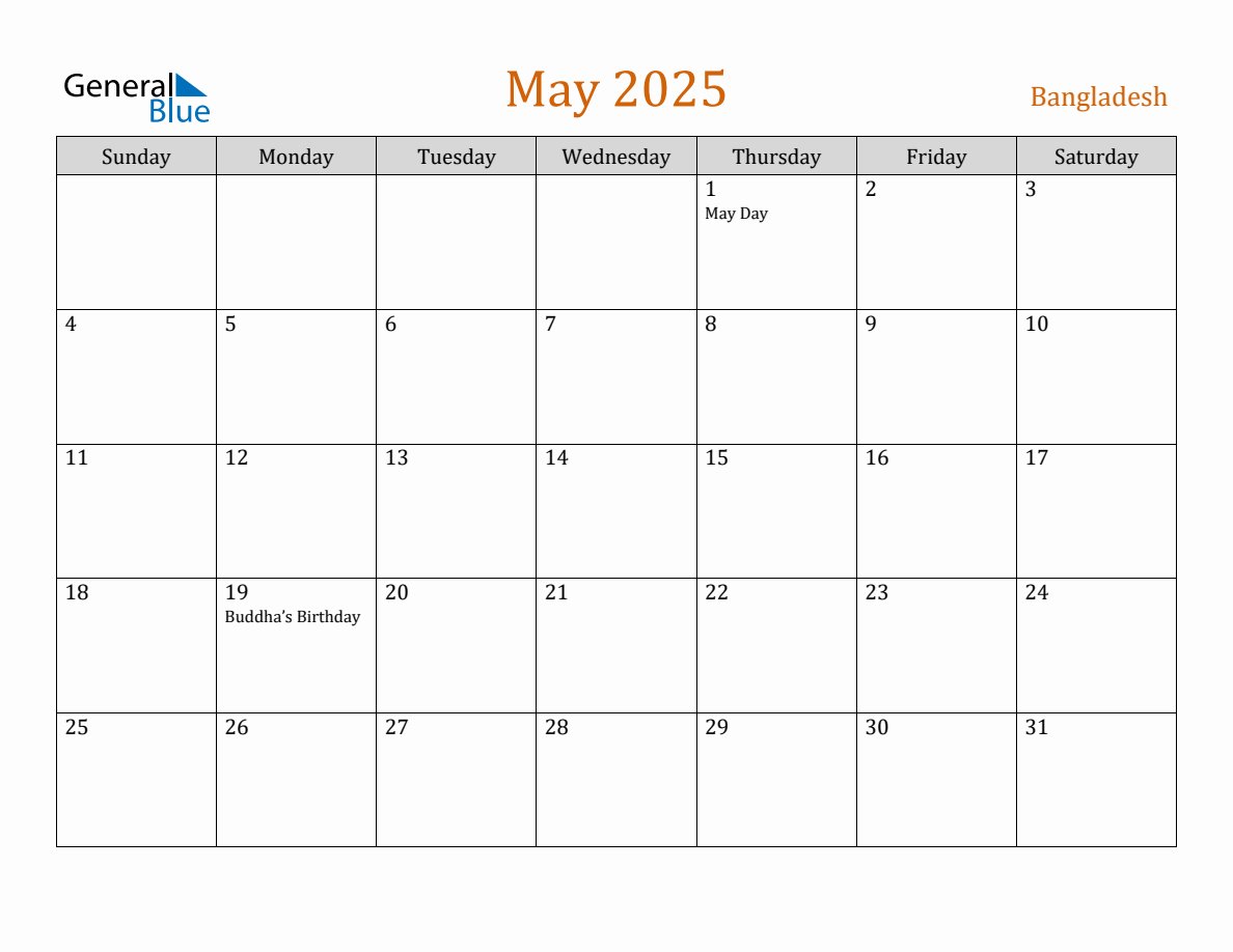 Free May 2025 Bangladesh Calendar