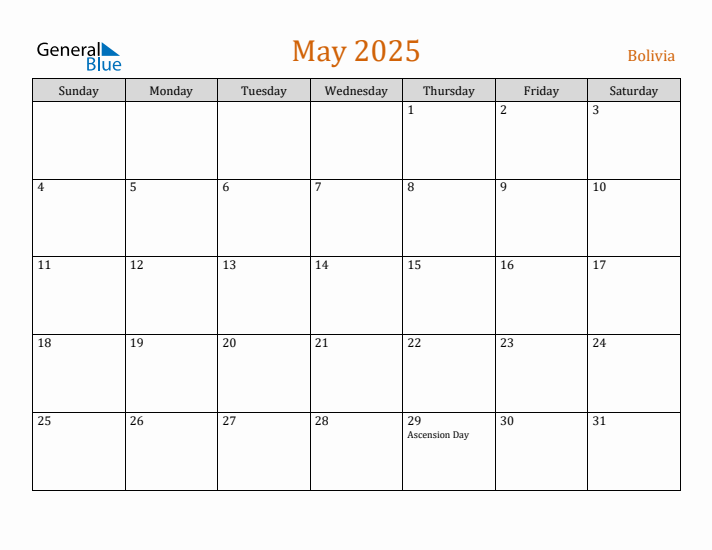 Free May 2025 Bolivia Calendar