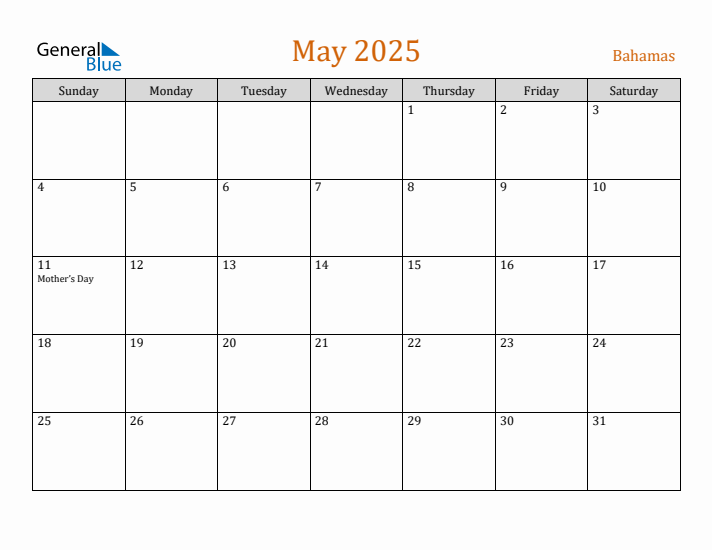 Free May 2025 Bahamas Calendar