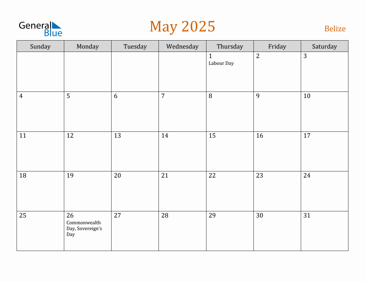 Free May 2025 Belize Calendar