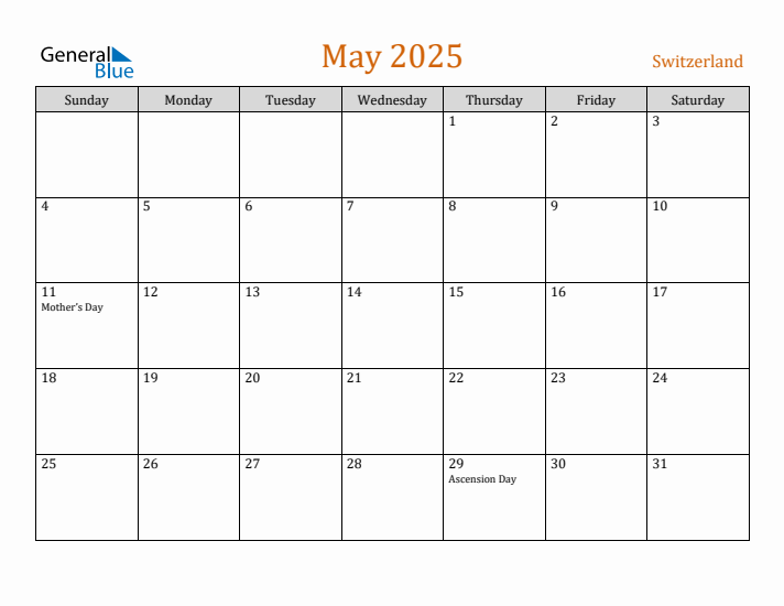 Free May 2025 Switzerland Calendar