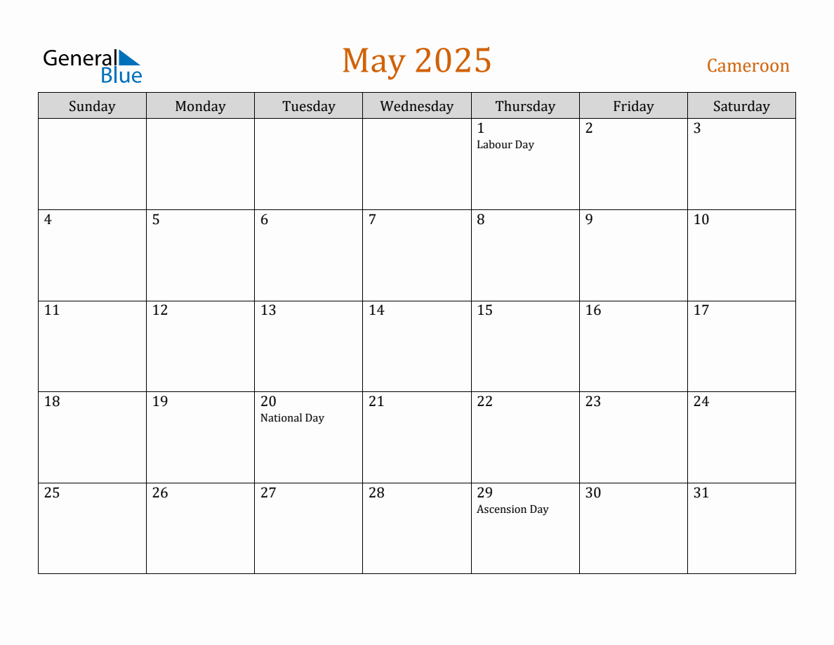 Free May 2025 Cameroon Calendar