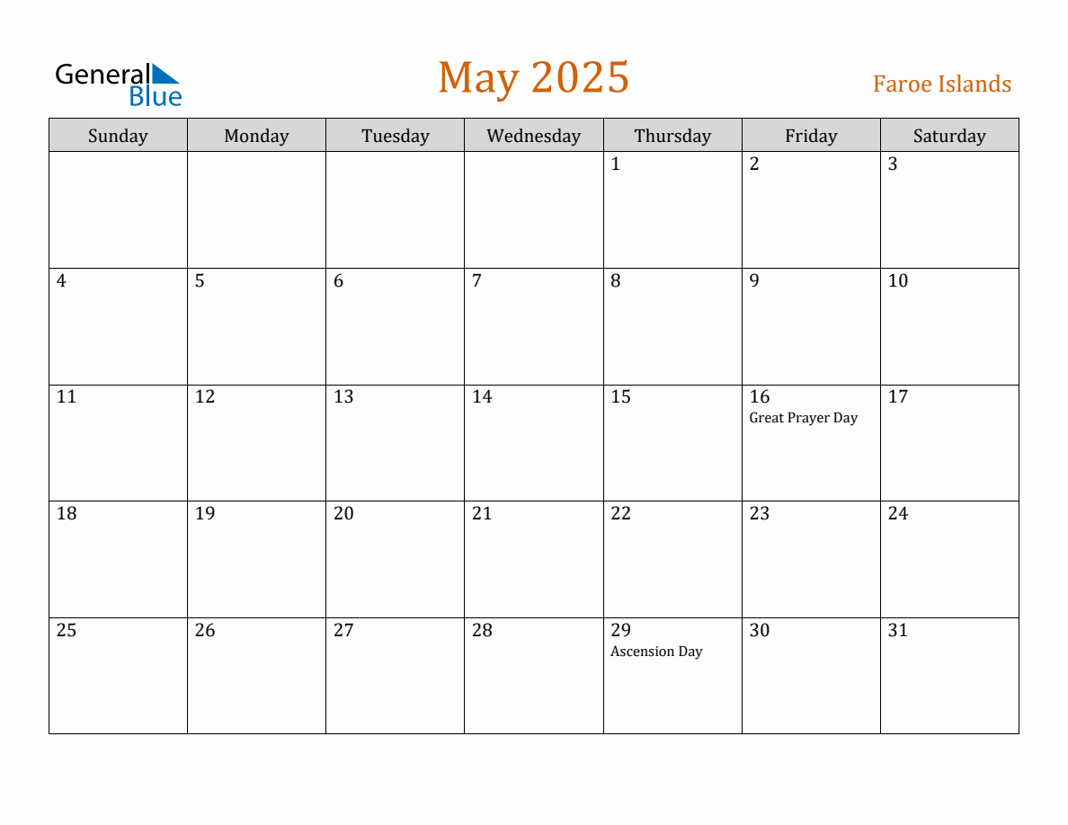 Free May 2025 Faroe Islands Calendar