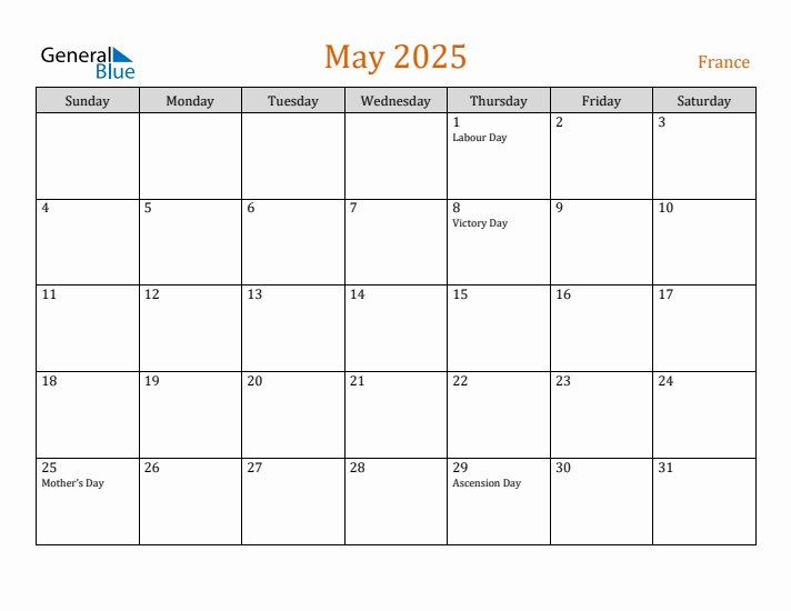 Free May 2025 France Calendar