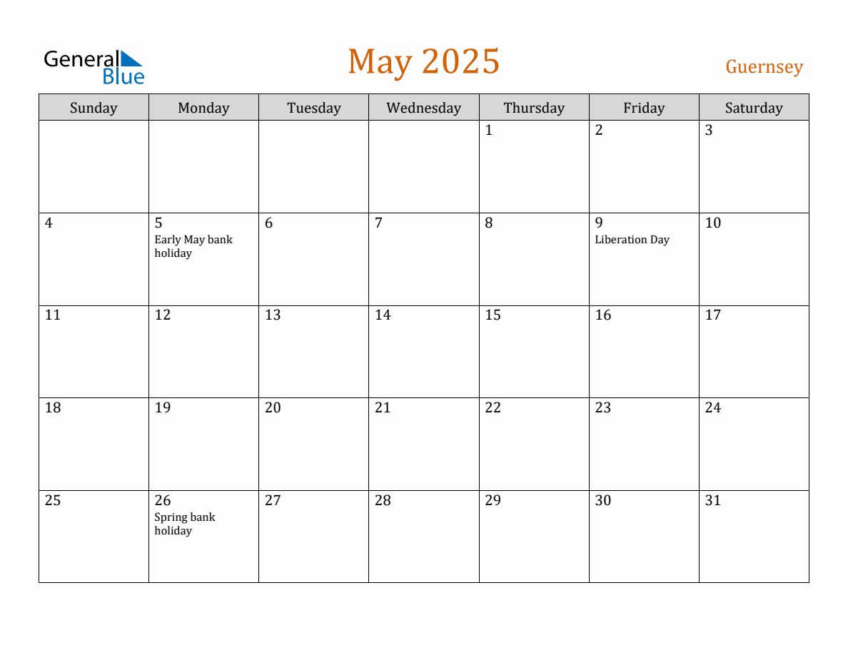 Free May 2025 Guernsey Calendar