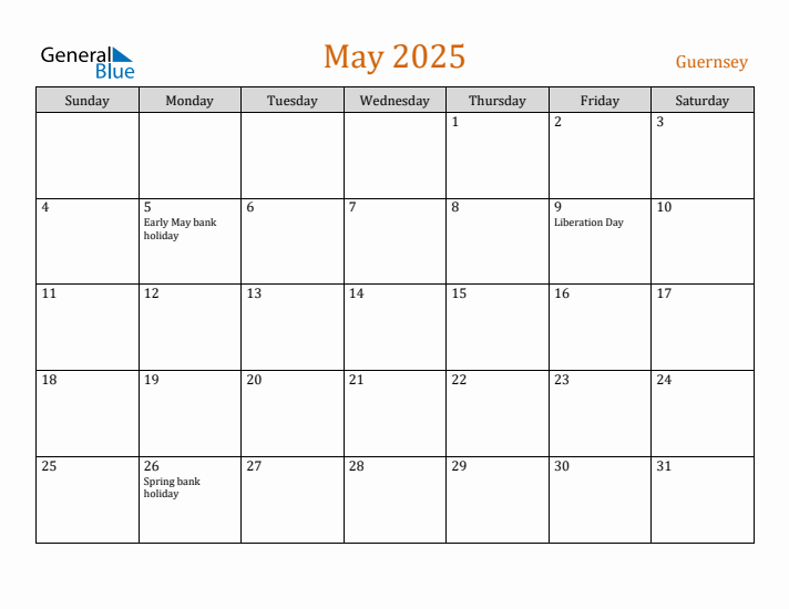 Free May 2025 Guernsey Calendar