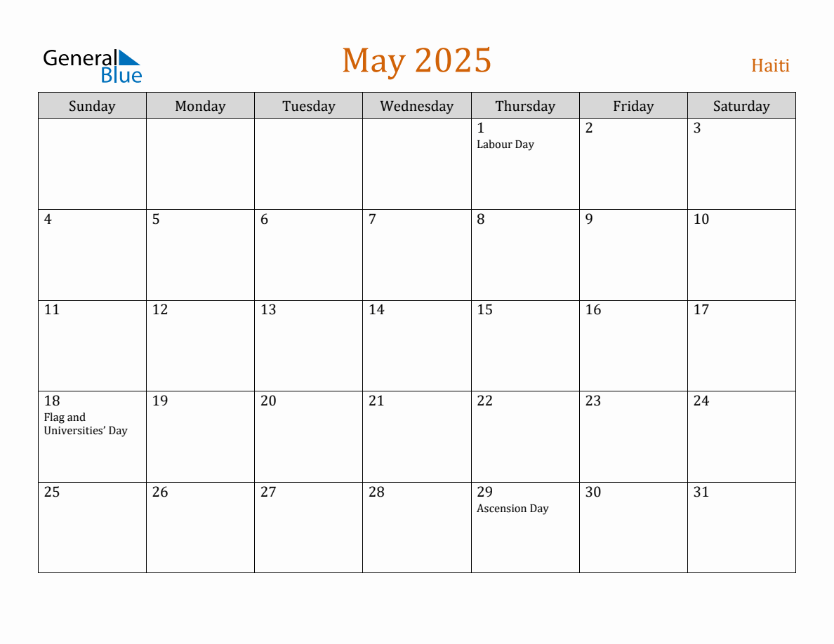 Free May 2025 Haiti Calendar