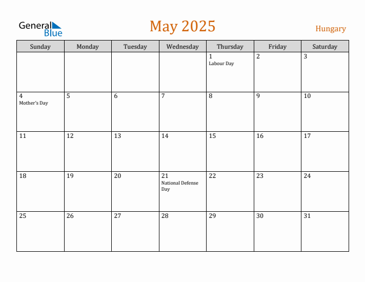 May 2025 Calendar with Hungary Holidays