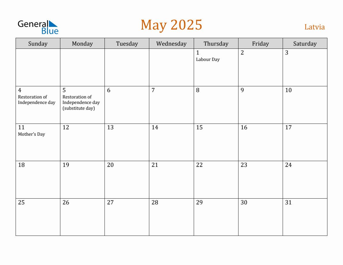 Free May 2025 Latvia Calendar