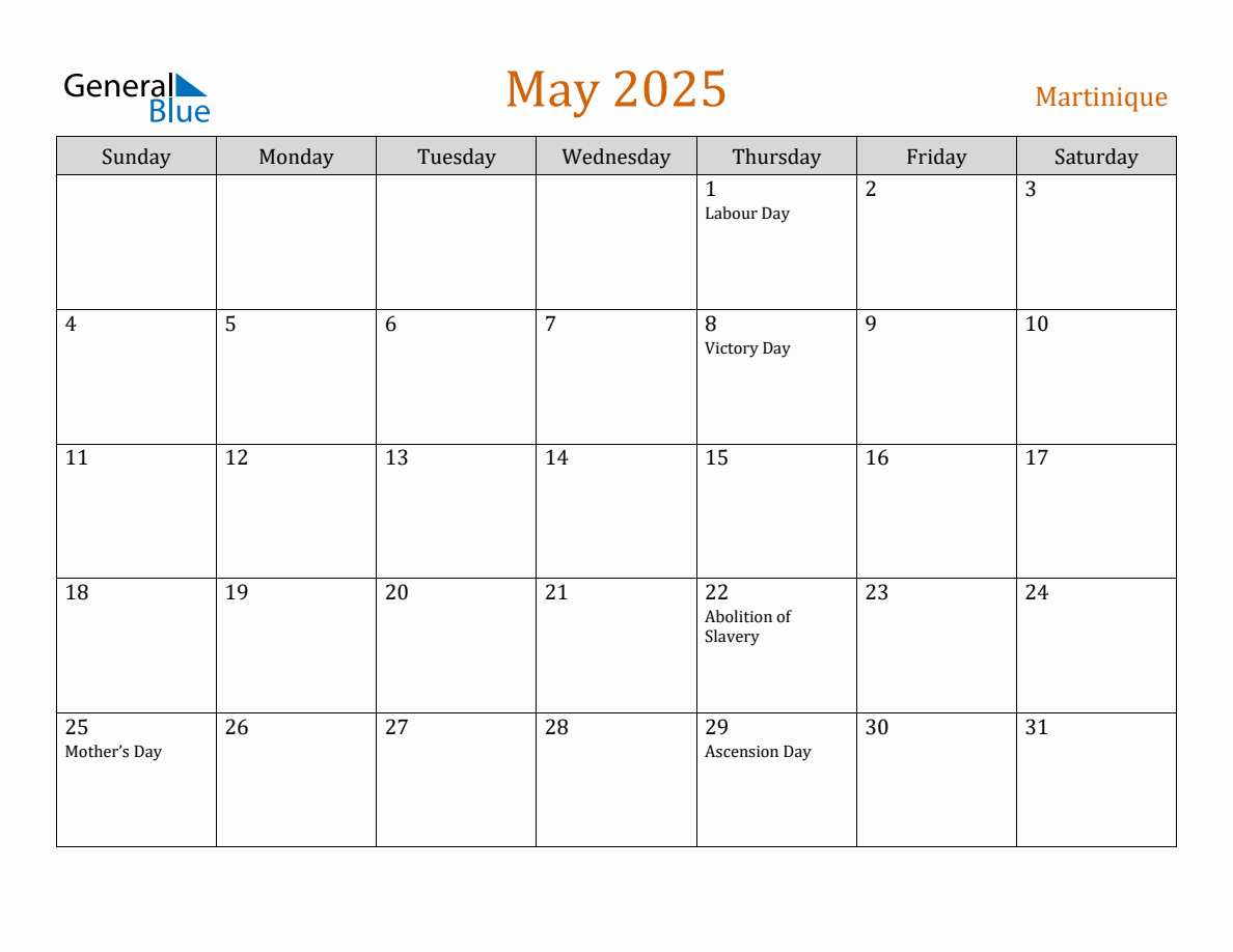 Free May 2025 Martinique Calendar