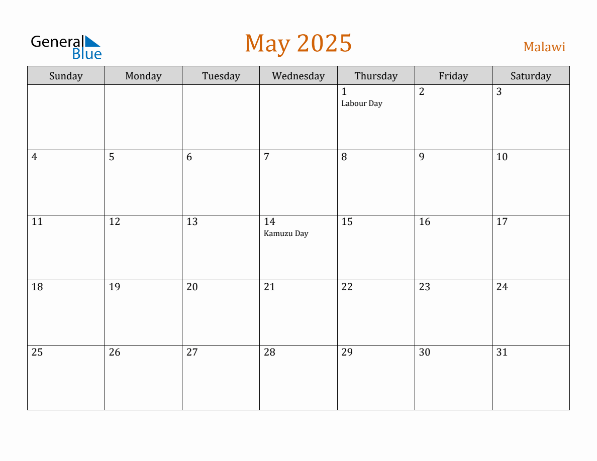 Free May 2025 Malawi Calendar