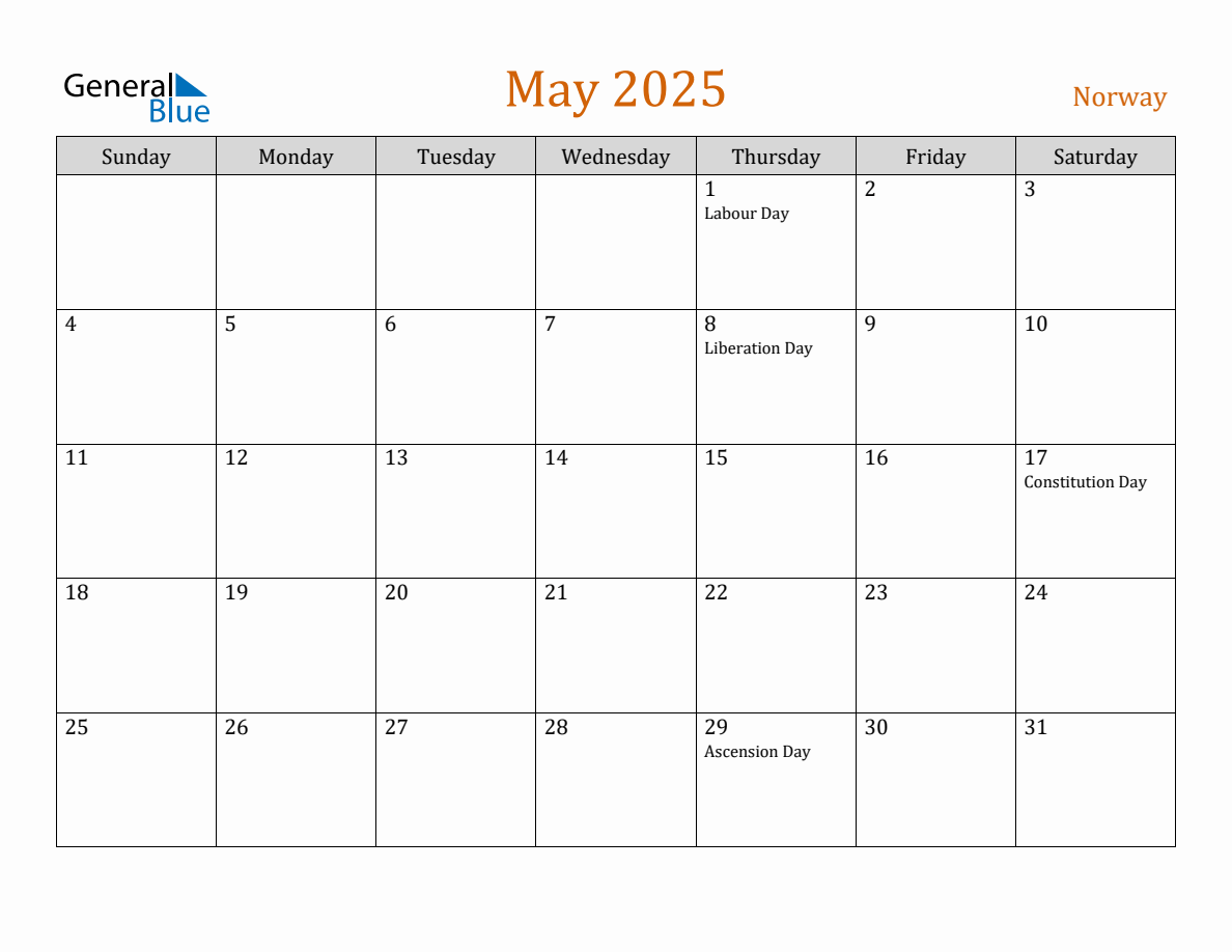 Free May 2025 Norway Calendar