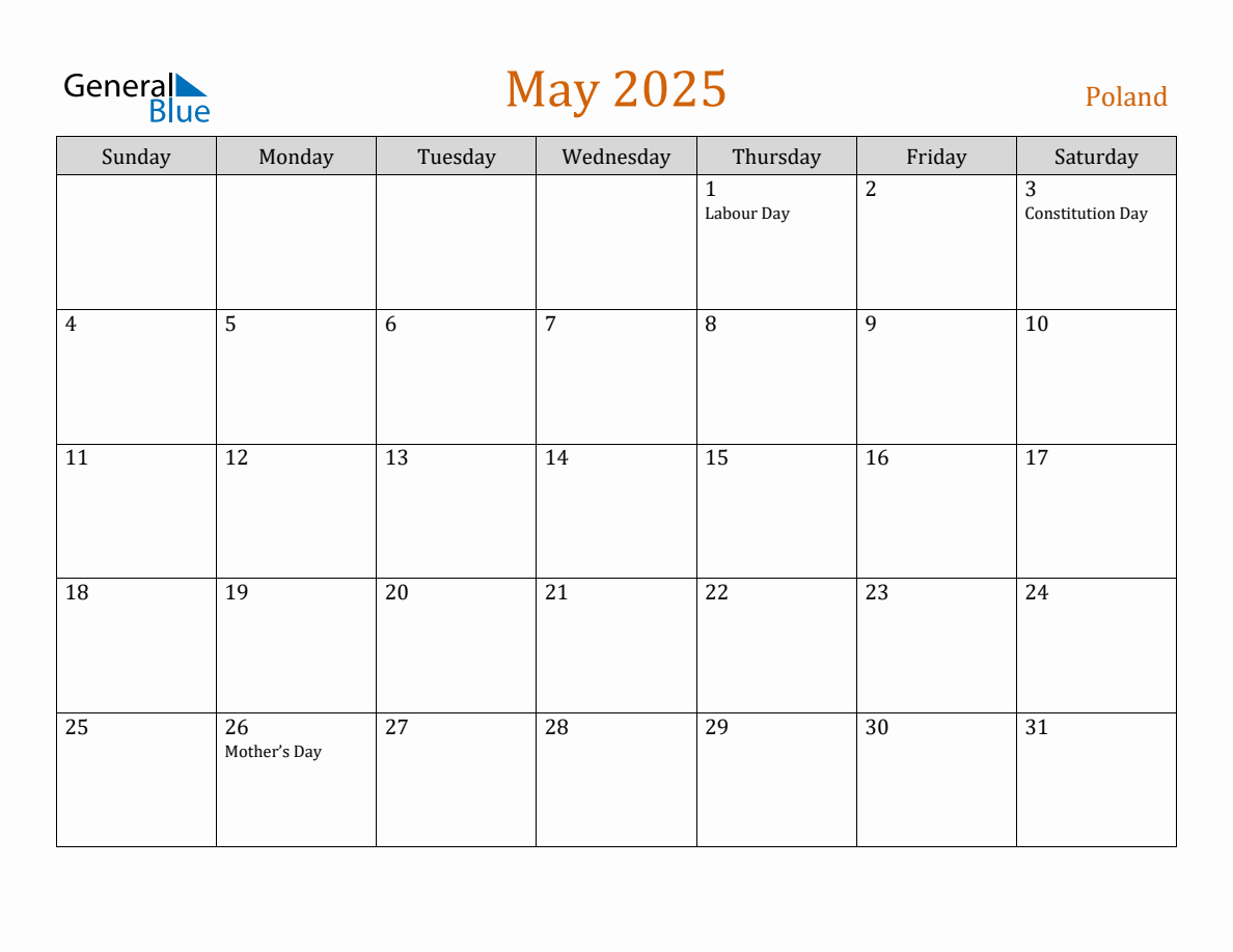 Free May 2025 Poland Calendar