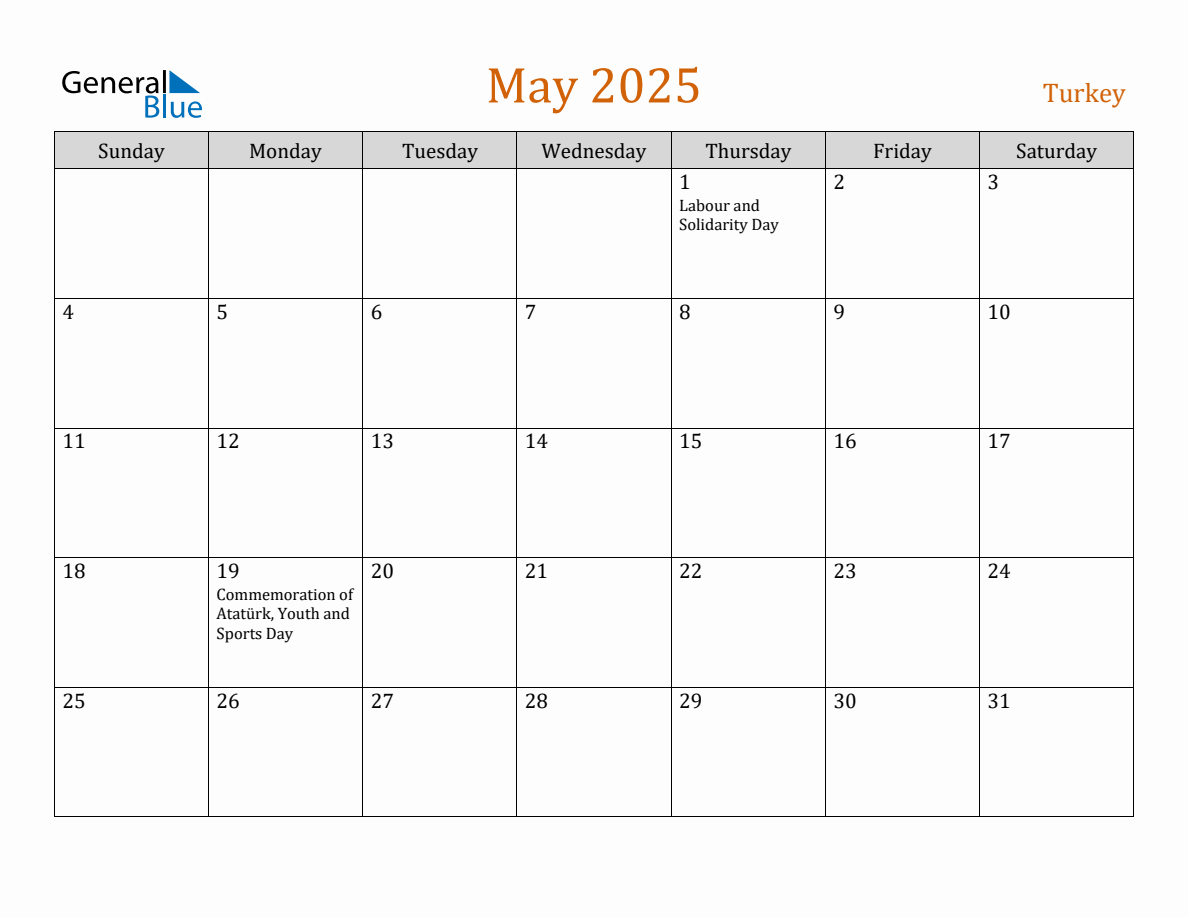 Free May 2025 Turkey Calendar