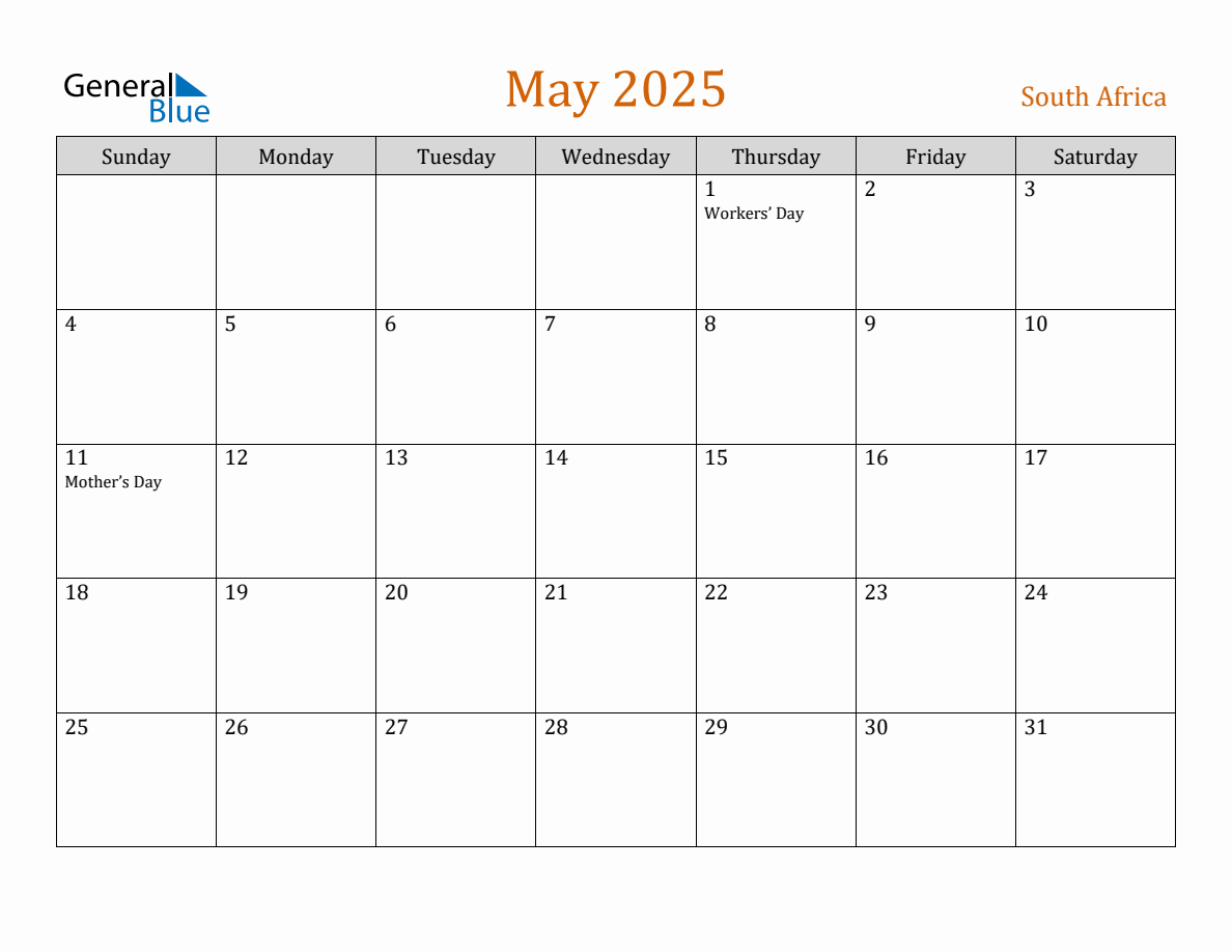 Free May 2025 South Africa Calendar