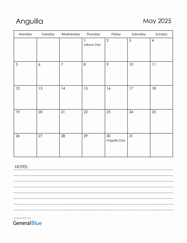 May 2025 Anguilla Calendar with Holidays (Monday Start)