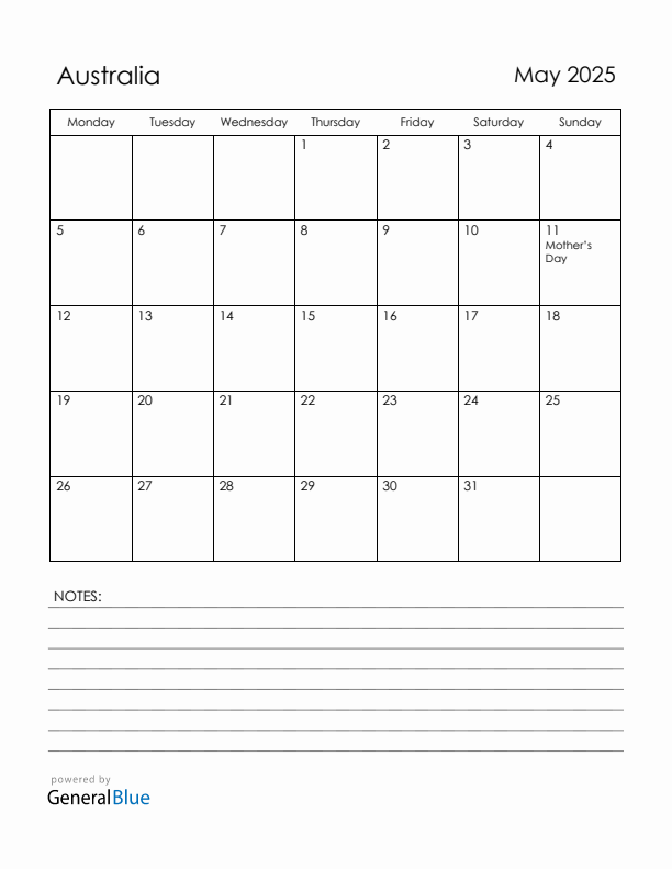 May 2025 Australia Calendar with Holidays (Monday Start)