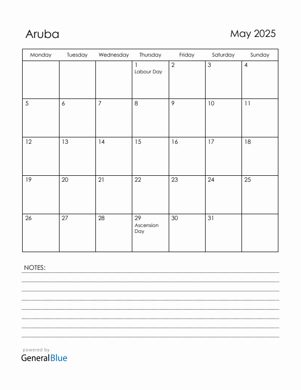 May 2025 Aruba Calendar with Holidays (Monday Start)