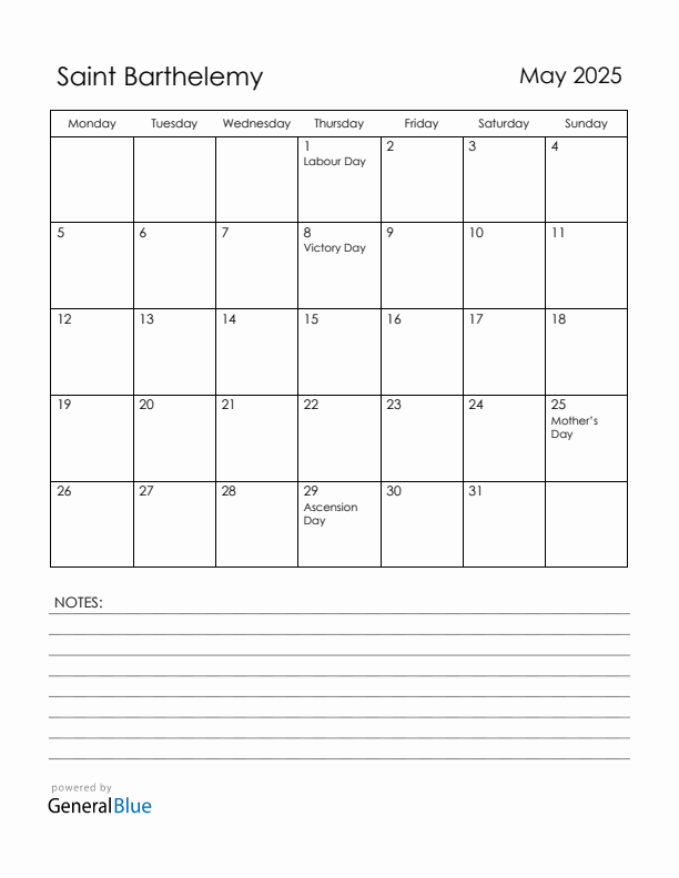 May 2025 Saint Barthelemy Calendar with Holidays (Monday Start)