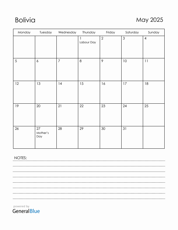 May 2025 Bolivia Calendar with Holidays (Monday Start)