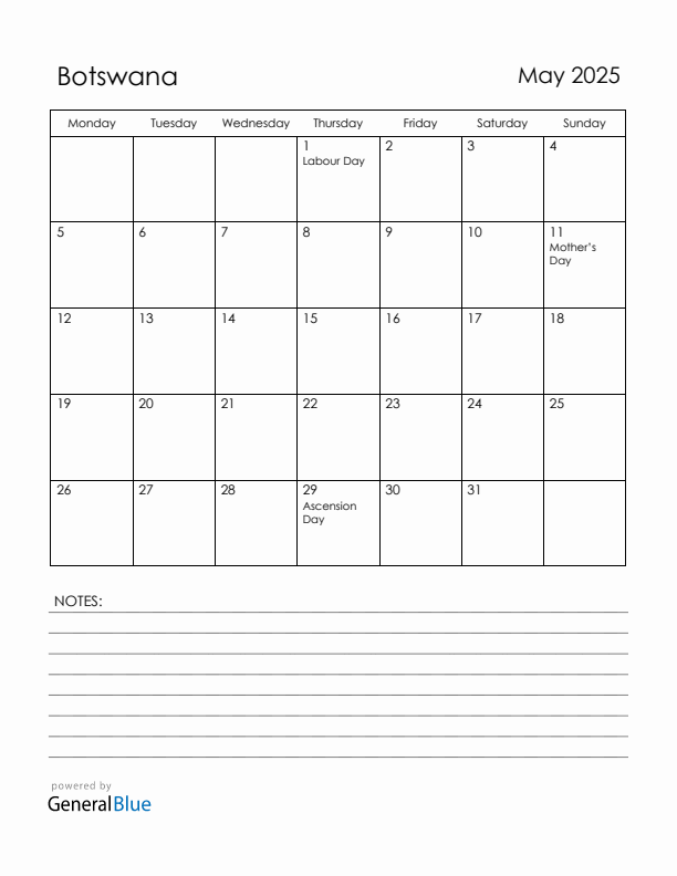 May 2025 Botswana Calendar with Holidays (Monday Start)