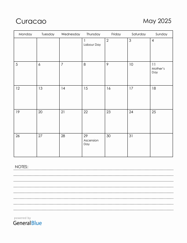 May 2025 Curacao Calendar with Holidays (Monday Start)
