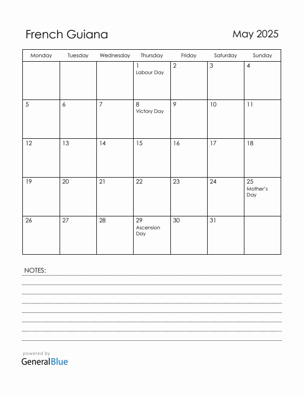 May 2025 French Guiana Calendar with Holidays (Monday Start)