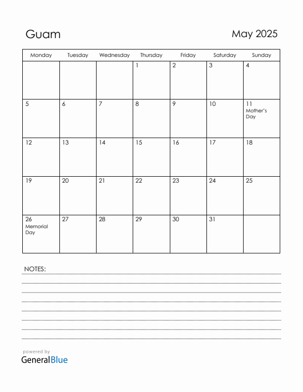May 2025 Guam Calendar with Holidays (Monday Start)