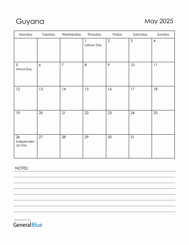May 2025 Guyana Calendar with Holidays (Monday Start)