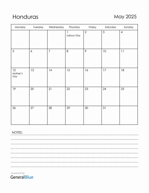 May 2025 Honduras Calendar with Holidays (Monday Start)