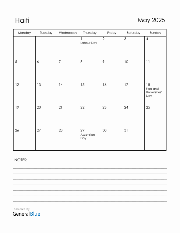 May 2025 Haiti Calendar with Holidays (Monday Start)