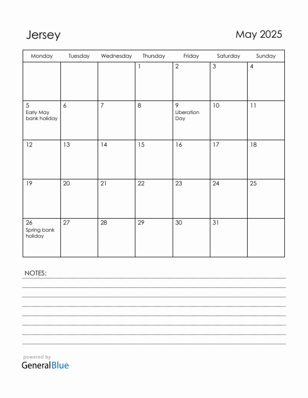 May 2025 Jersey Calendar with Holidays (Monday Start)