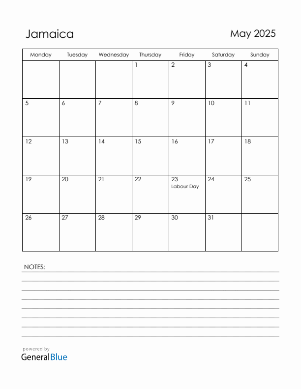 May 2025 Jamaica Calendar with Holidays (Monday Start)