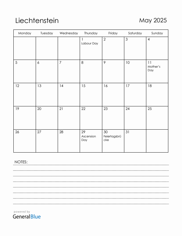 May 2025 Liechtenstein Calendar with Holidays (Monday Start)