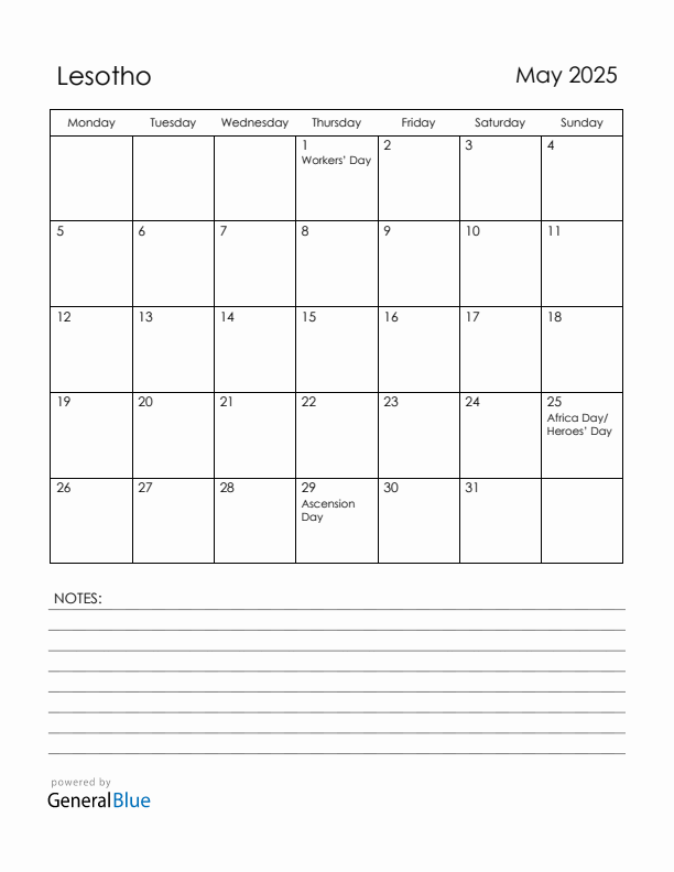 May 2025 Lesotho Calendar with Holidays (Monday Start)