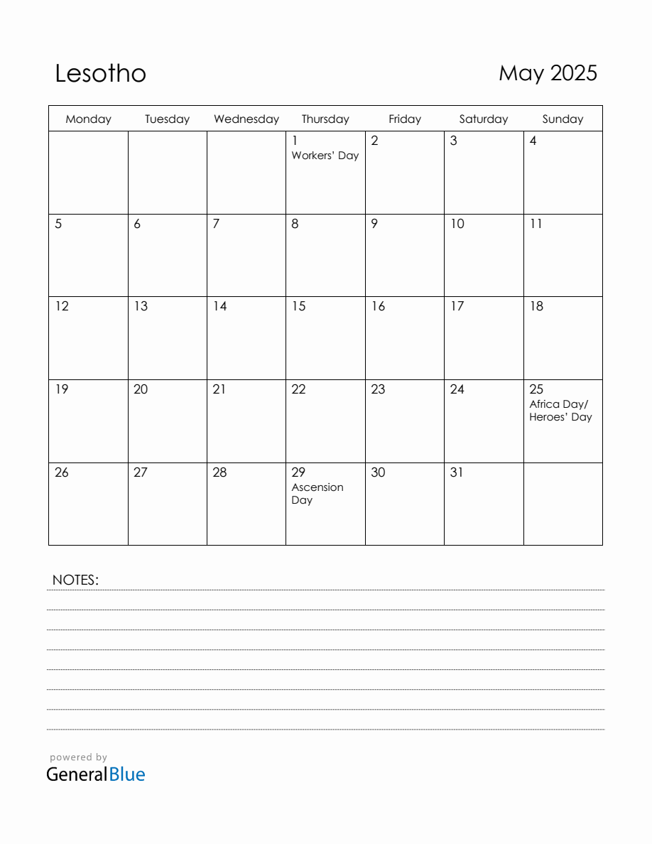 May 2025 Lesotho Calendar with Holidays