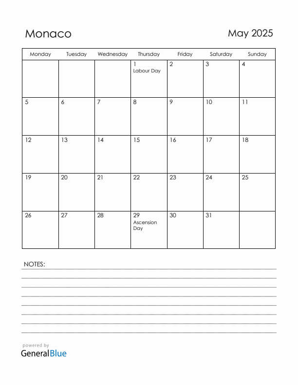 May 2025 Monaco Calendar with Holidays (Monday Start)