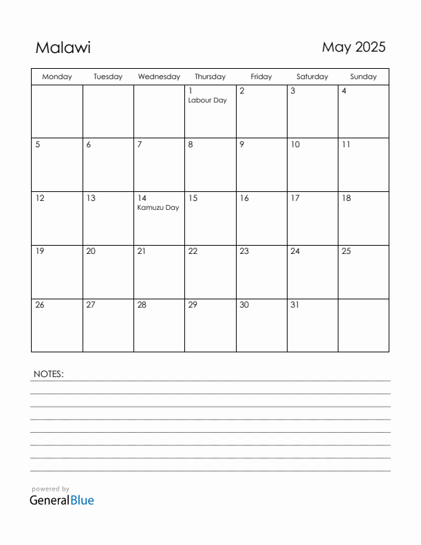 May 2025 Malawi Calendar with Holidays (Monday Start)