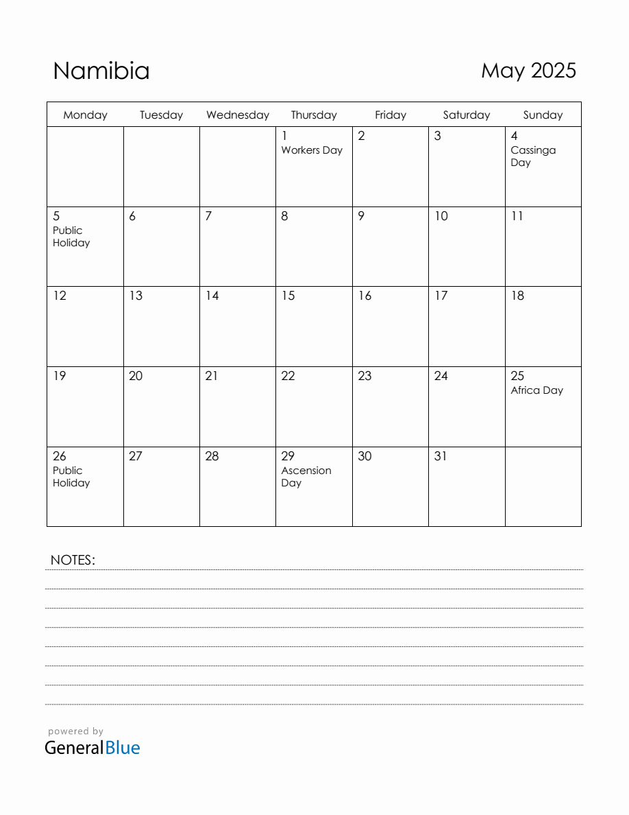 May 2025 Namibia Calendar with Holidays