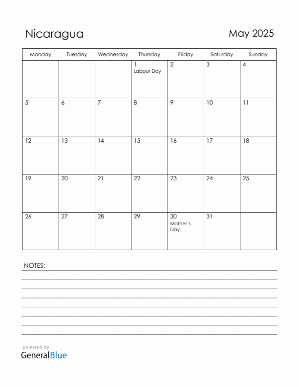 May 2025 Nicaragua Calendar with Holidays (Monday Start)