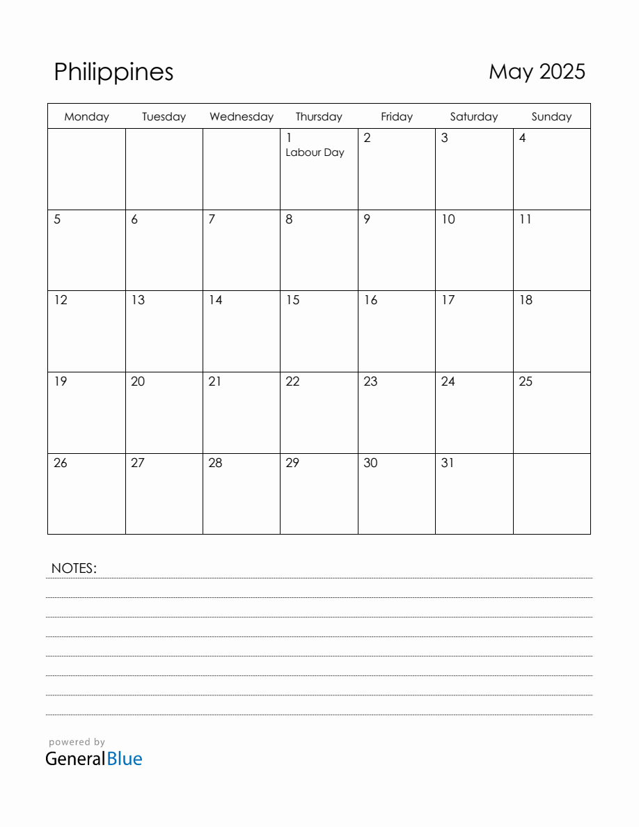 May Calendar 2025 With Holidays Philippines